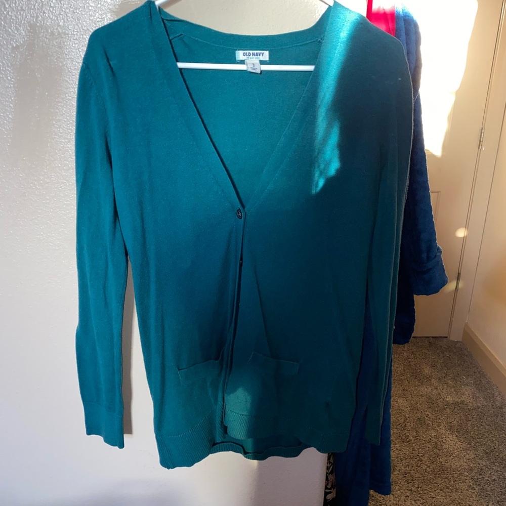 turquoise long sleeved cardigan